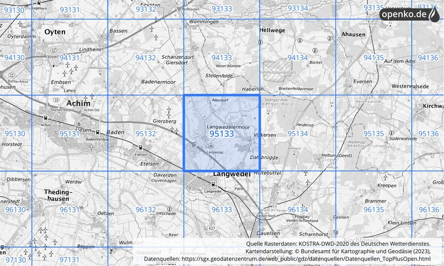 Übersichtskarte des KOSTRA-DWD-2020-Rasterfeldes Nr. 95133