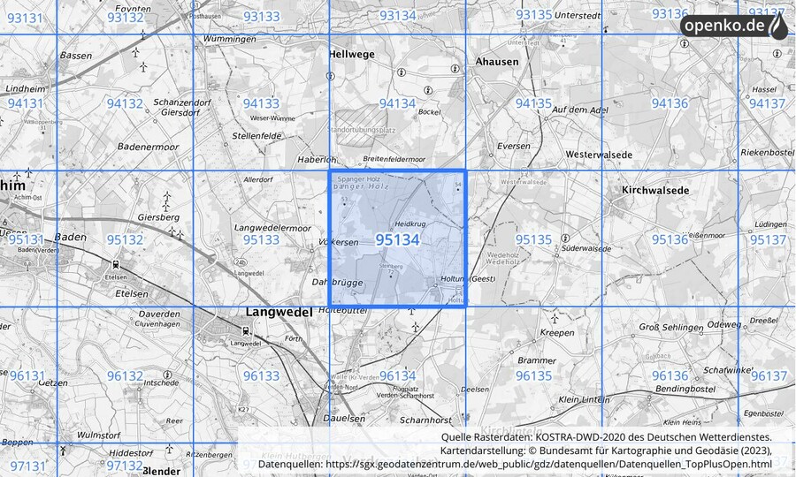 Übersichtskarte des KOSTRA-DWD-2020-Rasterfeldes Nr. 95134