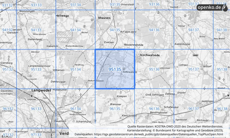 Übersichtskarte des KOSTRA-DWD-2020-Rasterfeldes Nr. 95135