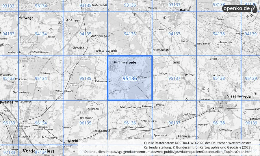 Übersichtskarte des KOSTRA-DWD-2020-Rasterfeldes Nr. 95136