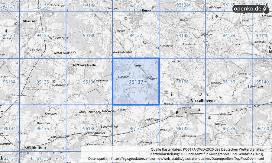 Übersichtskarte des KOSTRA-DWD-2020-Rasterfeldes Nr. 95137