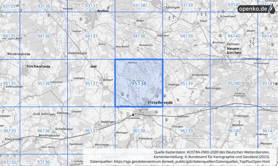 Übersichtskarte des KOSTRA-DWD-2020-Rasterfeldes Nr. 95138