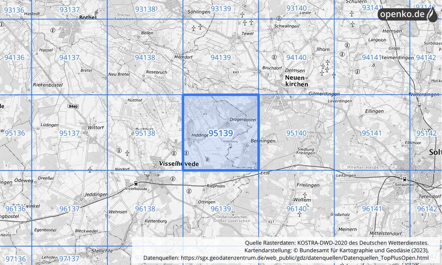 Übersichtskarte des KOSTRA-DWD-2020-Rasterfeldes Nr. 95139