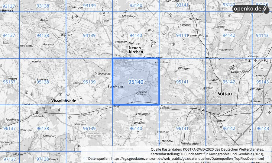 Übersichtskarte des KOSTRA-DWD-2020-Rasterfeldes Nr. 95140