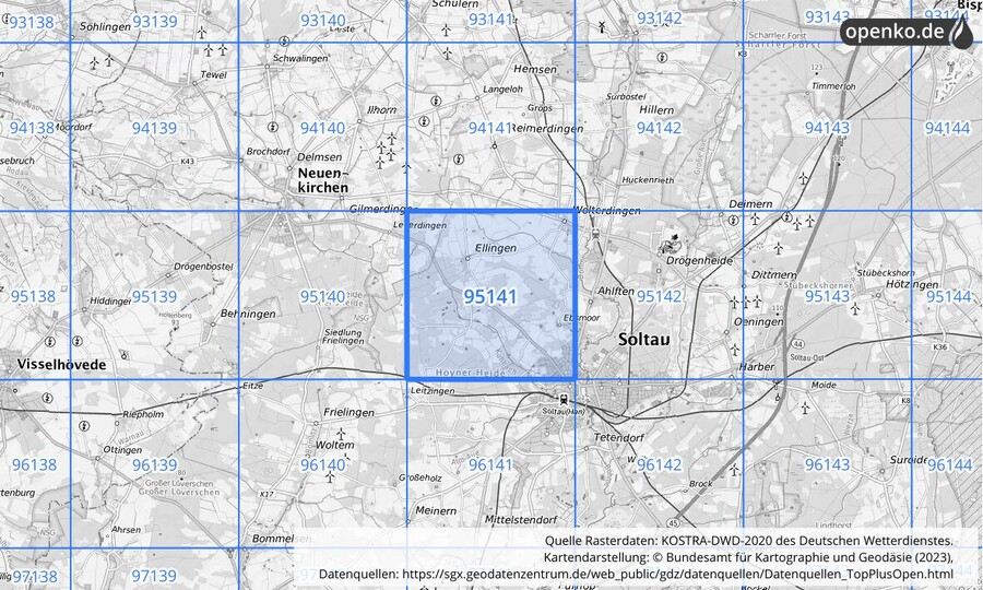 Übersichtskarte des KOSTRA-DWD-2020-Rasterfeldes Nr. 95141