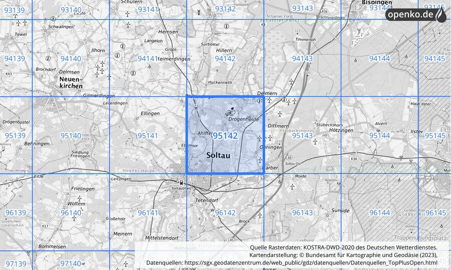 Übersichtskarte des KOSTRA-DWD-2020-Rasterfeldes Nr. 95142