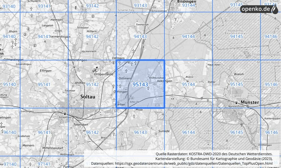 Übersichtskarte des KOSTRA-DWD-2020-Rasterfeldes Nr. 95143