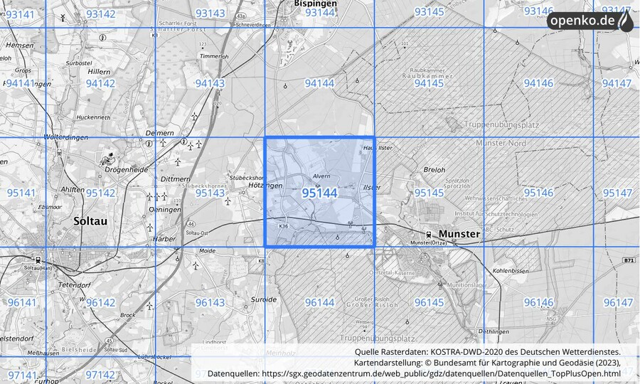 Übersichtskarte des KOSTRA-DWD-2020-Rasterfeldes Nr. 95144