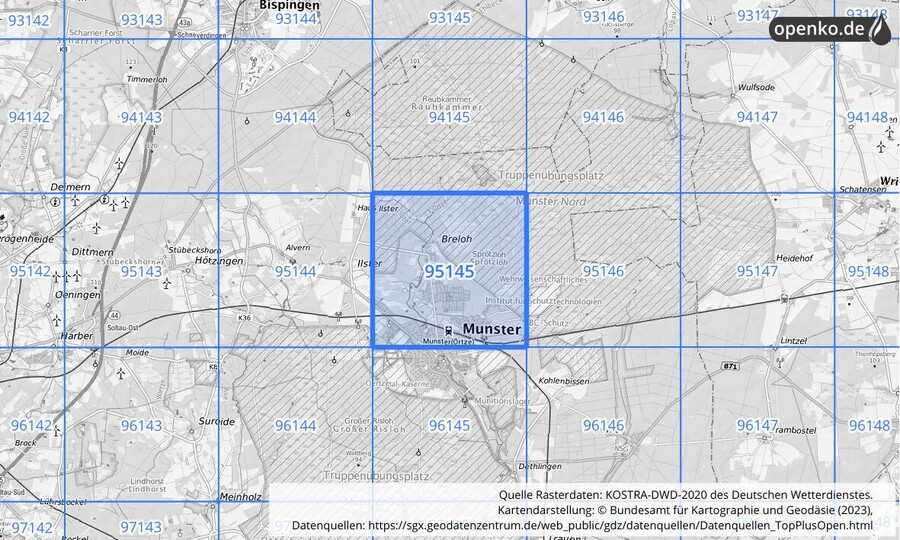 Übersichtskarte des KOSTRA-DWD-2020-Rasterfeldes Nr. 95145