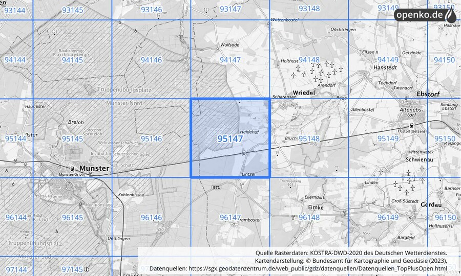 Übersichtskarte des KOSTRA-DWD-2020-Rasterfeldes Nr. 95147