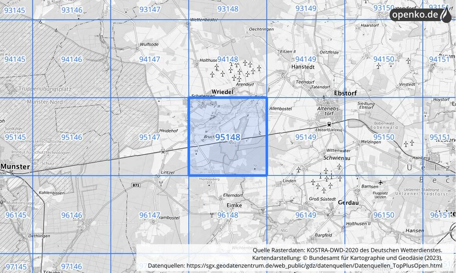 Übersichtskarte des KOSTRA-DWD-2020-Rasterfeldes Nr. 95148