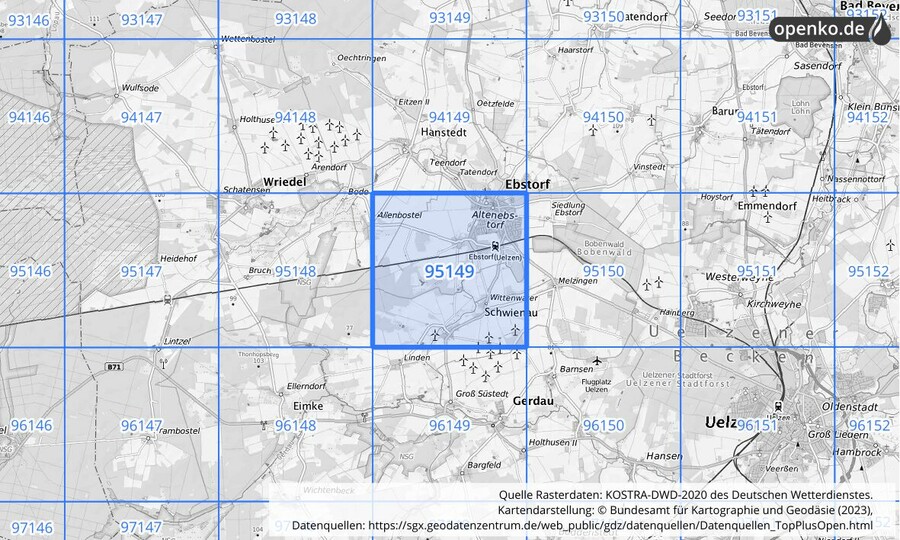 Übersichtskarte des KOSTRA-DWD-2020-Rasterfeldes Nr. 95149