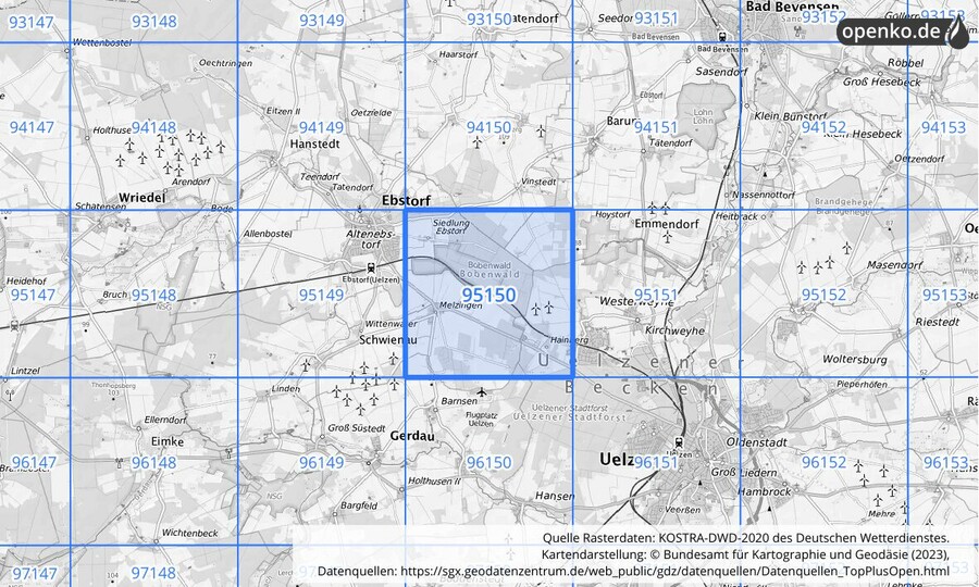 Übersichtskarte des KOSTRA-DWD-2020-Rasterfeldes Nr. 95150