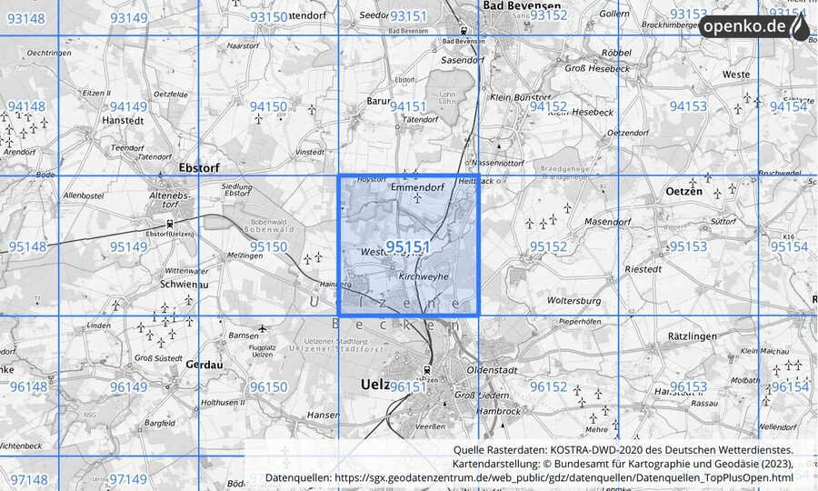 Übersichtskarte des KOSTRA-DWD-2020-Rasterfeldes Nr. 95151