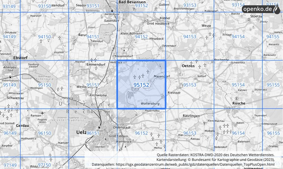 Übersichtskarte des KOSTRA-DWD-2020-Rasterfeldes Nr. 95152