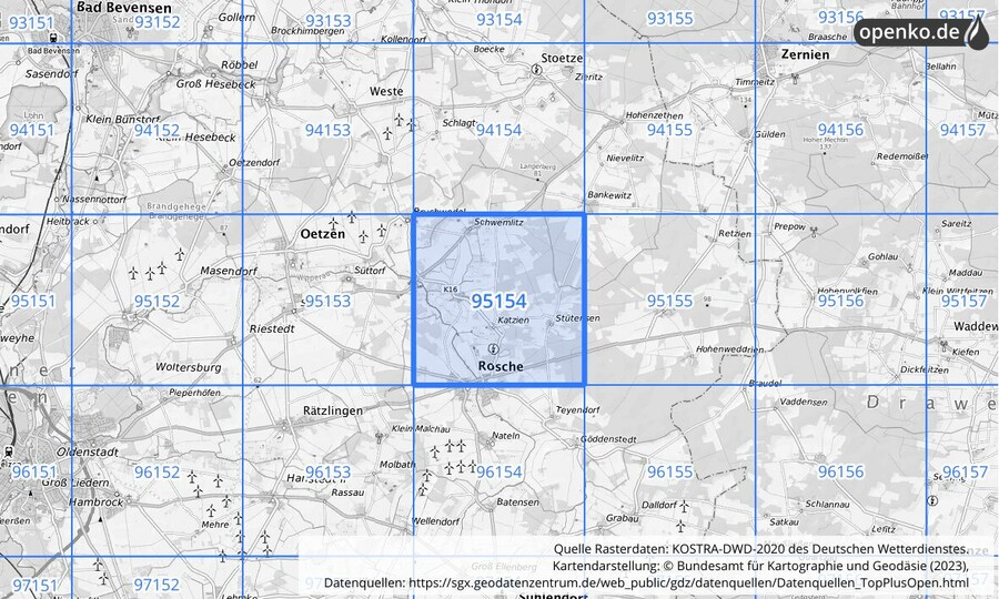 Übersichtskarte des KOSTRA-DWD-2020-Rasterfeldes Nr. 95154