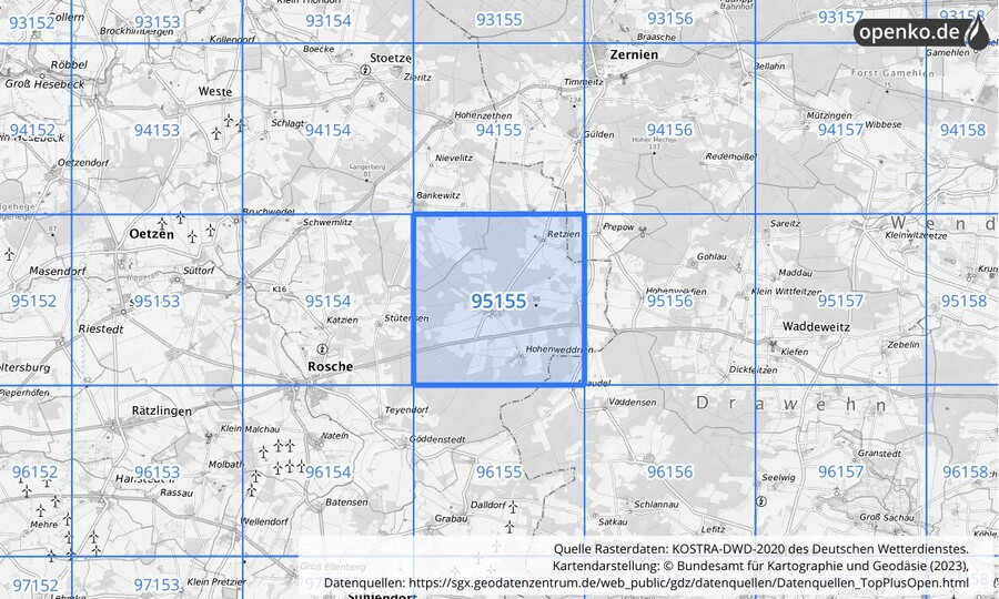 Übersichtskarte des KOSTRA-DWD-2020-Rasterfeldes Nr. 95155