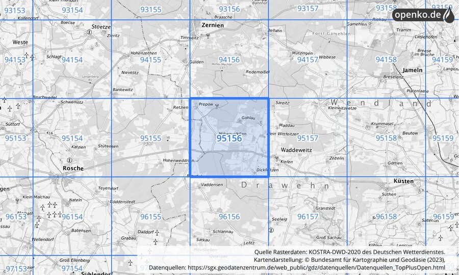 Übersichtskarte des KOSTRA-DWD-2020-Rasterfeldes Nr. 95156