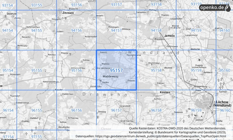 Übersichtskarte des KOSTRA-DWD-2020-Rasterfeldes Nr. 95157