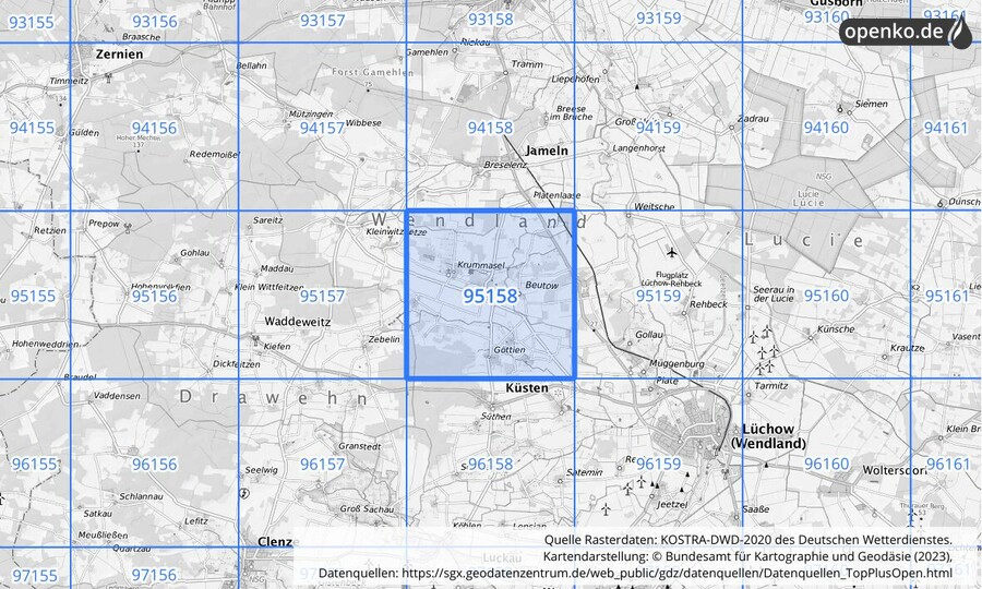 Übersichtskarte des KOSTRA-DWD-2020-Rasterfeldes Nr. 95158