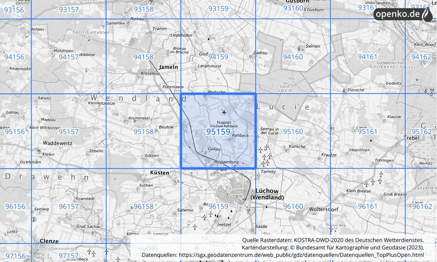 Übersichtskarte des KOSTRA-DWD-2020-Rasterfeldes Nr. 95159