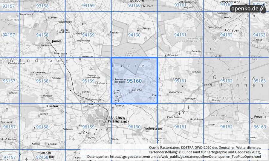 Übersichtskarte des KOSTRA-DWD-2020-Rasterfeldes Nr. 95160