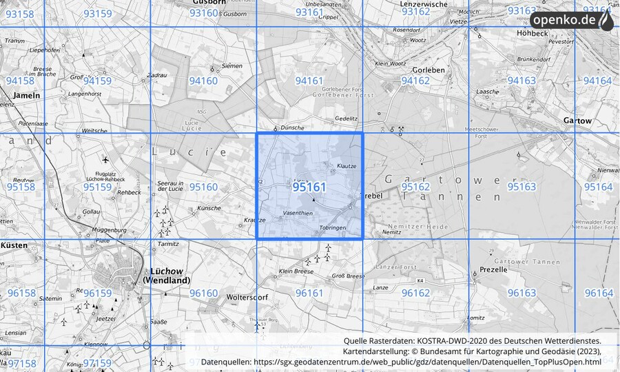 Übersichtskarte des KOSTRA-DWD-2020-Rasterfeldes Nr. 95161