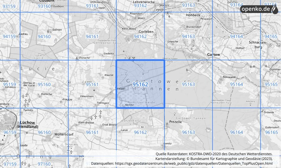 Übersichtskarte des KOSTRA-DWD-2020-Rasterfeldes Nr. 95162