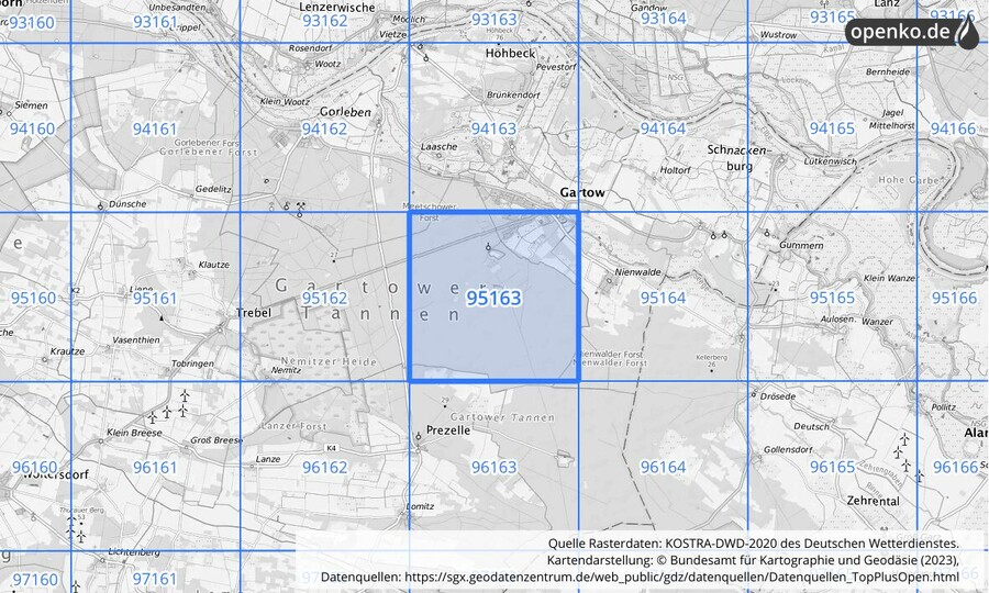 Übersichtskarte des KOSTRA-DWD-2020-Rasterfeldes Nr. 95163