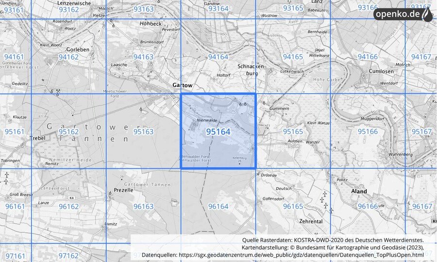 Übersichtskarte des KOSTRA-DWD-2020-Rasterfeldes Nr. 95164