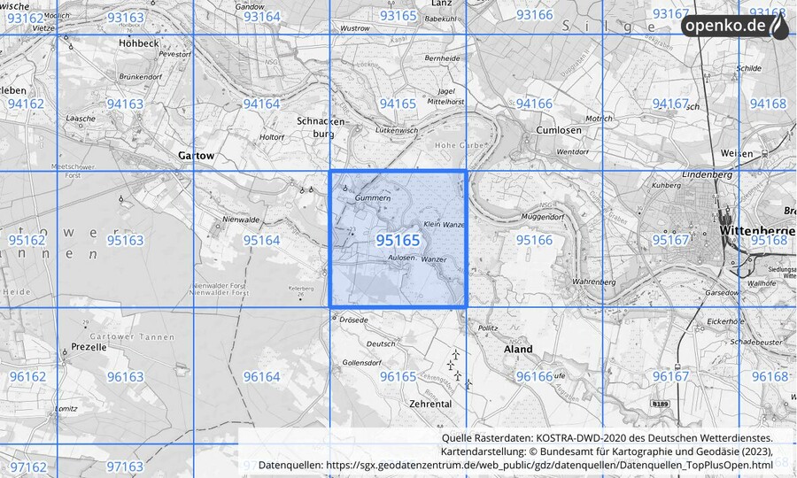 Übersichtskarte des KOSTRA-DWD-2020-Rasterfeldes Nr. 95165