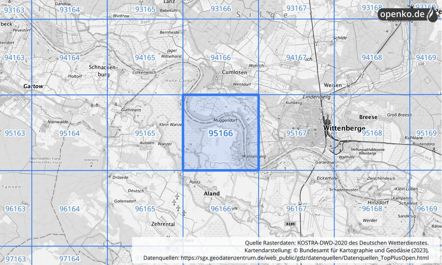 Übersichtskarte des KOSTRA-DWD-2020-Rasterfeldes Nr. 95166