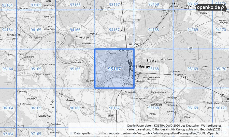 Übersichtskarte des KOSTRA-DWD-2020-Rasterfeldes Nr. 95167