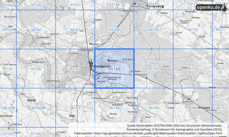 Übersichtskarte des KOSTRA-DWD-2020-Rasterfeldes Nr. 95168