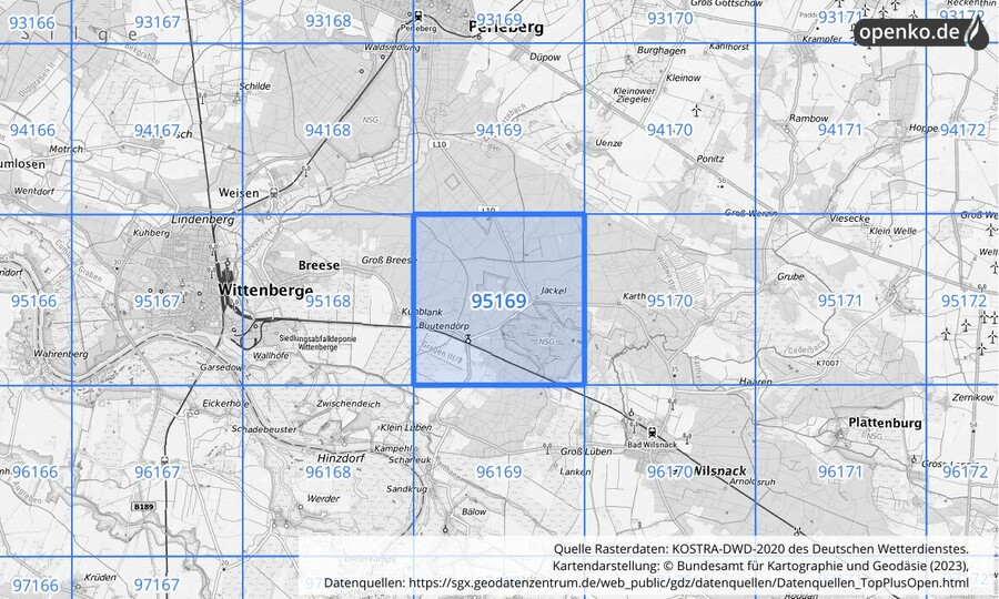 Übersichtskarte des KOSTRA-DWD-2020-Rasterfeldes Nr. 95169