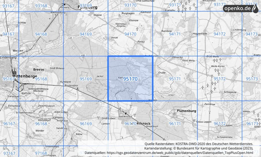 Übersichtskarte des KOSTRA-DWD-2020-Rasterfeldes Nr. 95170