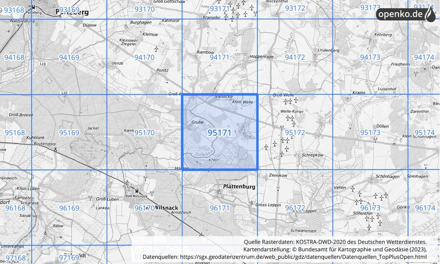 Übersichtskarte des KOSTRA-DWD-2020-Rasterfeldes Nr. 95171