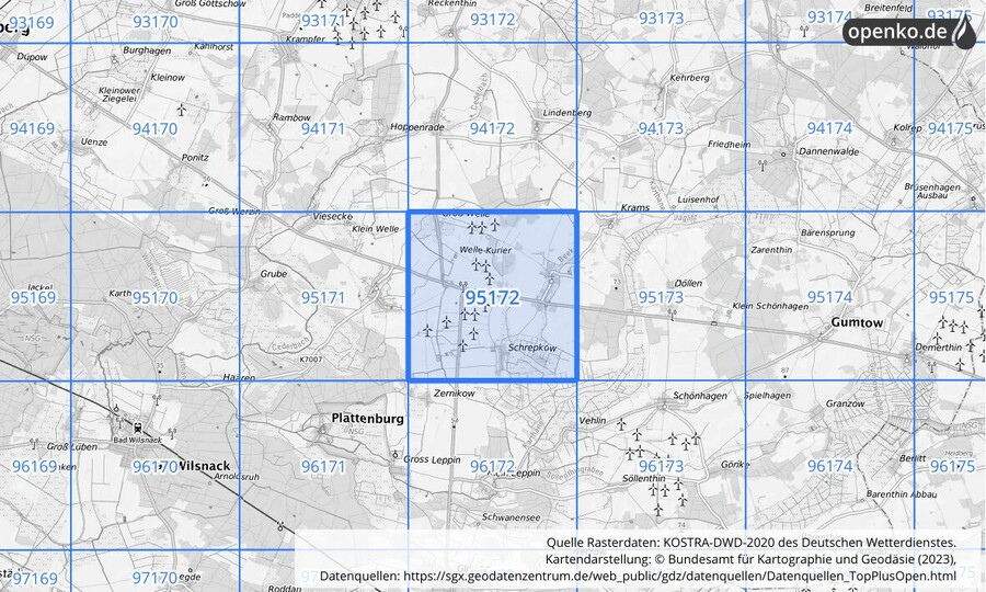 Übersichtskarte des KOSTRA-DWD-2020-Rasterfeldes Nr. 95172