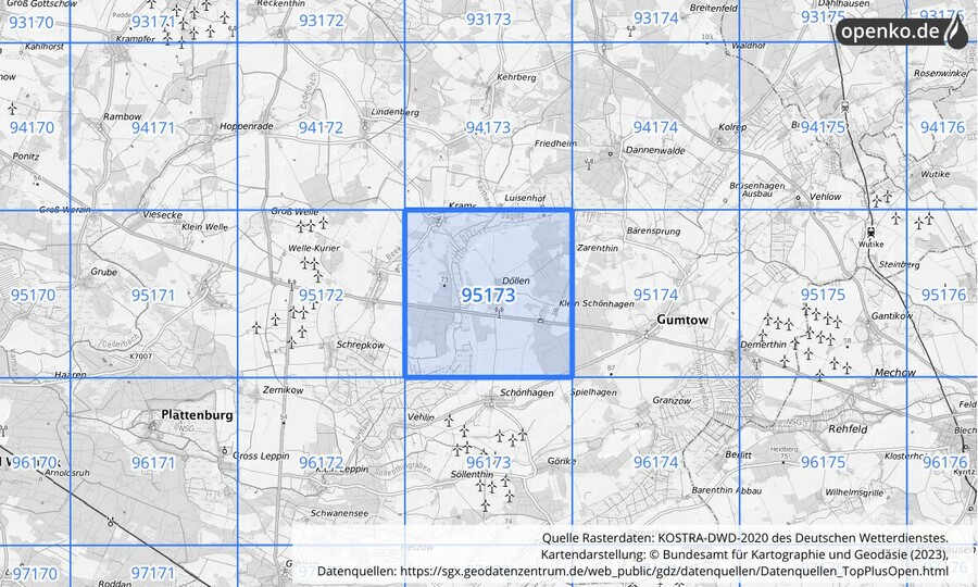 Übersichtskarte des KOSTRA-DWD-2020-Rasterfeldes Nr. 95173