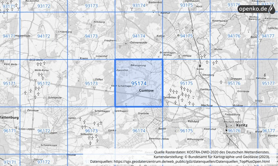 Übersichtskarte des KOSTRA-DWD-2020-Rasterfeldes Nr. 95174