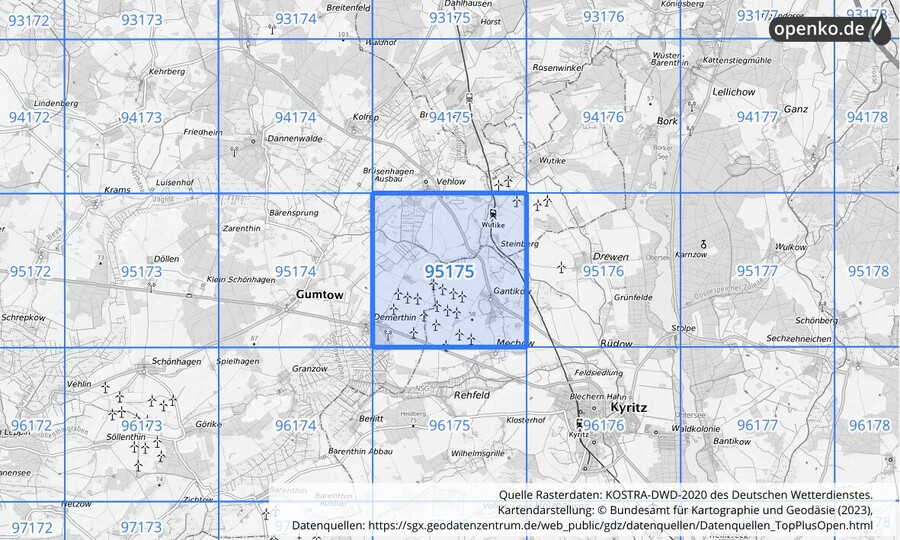 Übersichtskarte des KOSTRA-DWD-2020-Rasterfeldes Nr. 95175