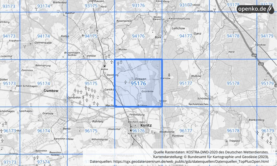 Übersichtskarte des KOSTRA-DWD-2020-Rasterfeldes Nr. 95176