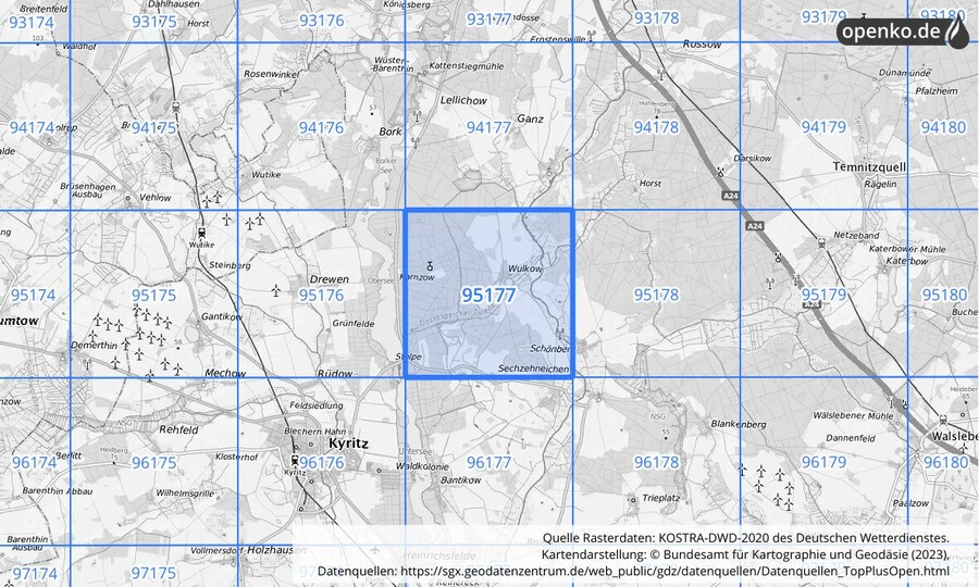 Übersichtskarte des KOSTRA-DWD-2020-Rasterfeldes Nr. 95177