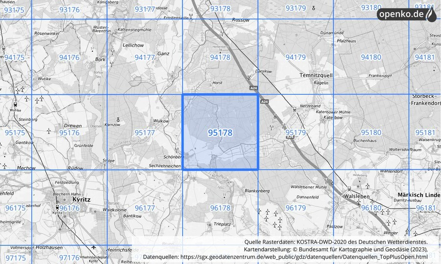 Übersichtskarte des KOSTRA-DWD-2020-Rasterfeldes Nr. 95178