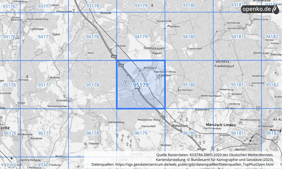 Übersichtskarte des KOSTRA-DWD-2020-Rasterfeldes Nr. 95179