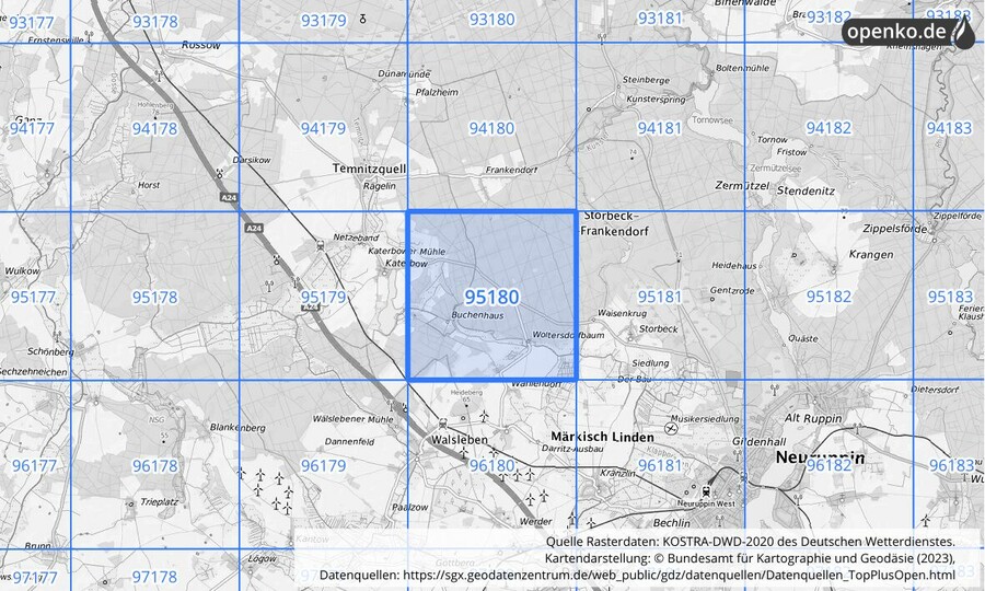 Übersichtskarte des KOSTRA-DWD-2020-Rasterfeldes Nr. 95180
