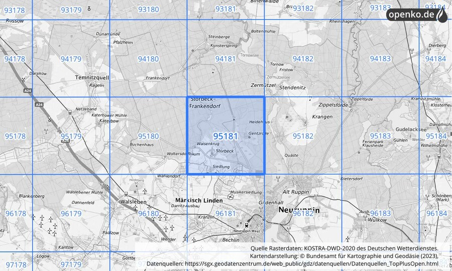 Übersichtskarte des KOSTRA-DWD-2020-Rasterfeldes Nr. 95181