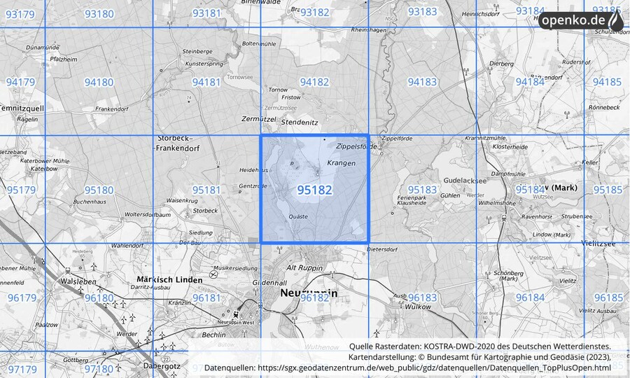 Übersichtskarte des KOSTRA-DWD-2020-Rasterfeldes Nr. 95182