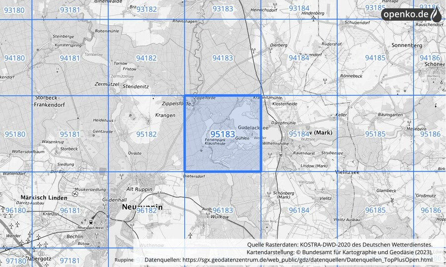 Übersichtskarte des KOSTRA-DWD-2020-Rasterfeldes Nr. 95183