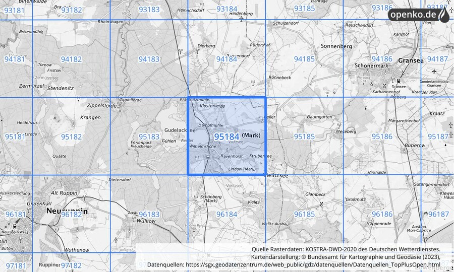 Übersichtskarte des KOSTRA-DWD-2020-Rasterfeldes Nr. 95184